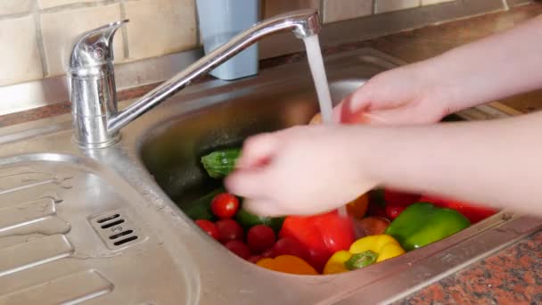 Weibliche Hände Waschen Unter Dem Wasserhahn Der Spüle Verschiedene Gemüsesorten — Stockvideo