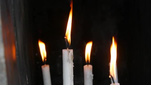 黒の背景に長い白いワックス教会のホットキャンドル 寺院で焼かれる儀式用のろうそく — ストック動画