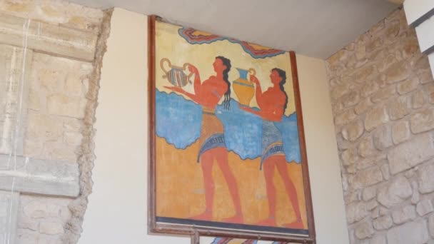 Ancient Frescoes Wall World Famous Knossos Palace King Minos According — Stock Video