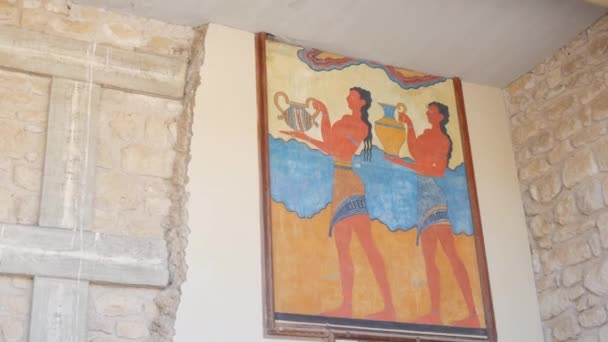Oude Fresco Muur Van Het Wereldberoemde Knossos Paleis Van Koning — Stockvideo