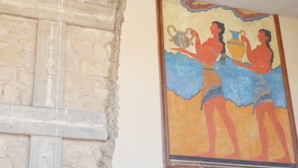Ancient Frescoes Wall World Famous Knossos Palace King Minos According — Stock Video