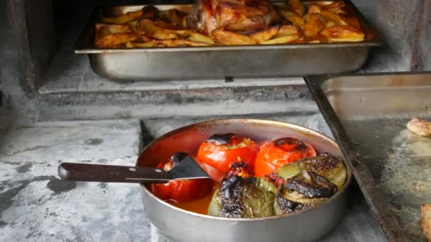 从真正的烤箱里新煮的菜 炸鸡腿 填饱番茄 辣椒和煮土豆 希腊国菜 — 图库视频影像