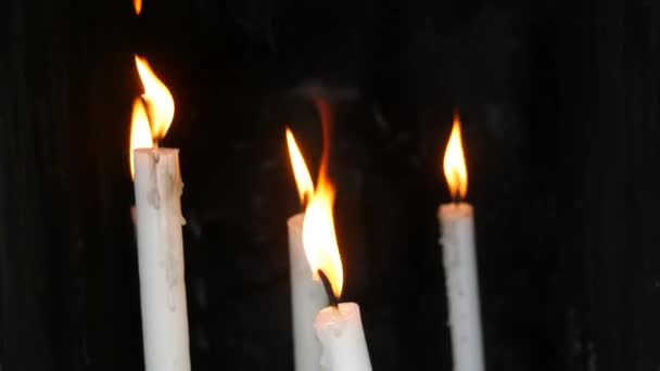 长长的白蜡教堂在黑色的背景上点燃蜡烛 祭祀用的蜡烛在庙宇里燃烧 — 图库视频影像