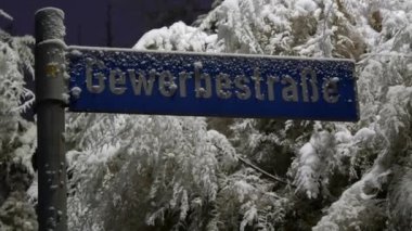 Karla kaplı bir tabela, kar kaplı ağaçların ve çalıların arkasında Almanya 'da bir caddenin adı yazılı. Alman yazıtları.