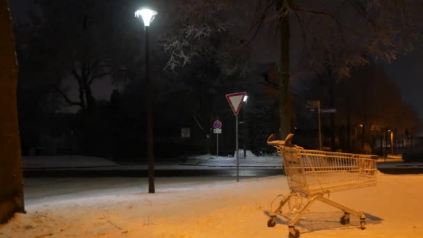 Empty Cart Supermarket Street Dark Winter Evening Light Lanterns — Stock Video