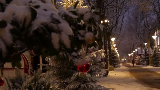 Gezellige Donkere Winternacht Verlichting Straat Van Een Europese Stad Straatlantaarns — Stockvideo