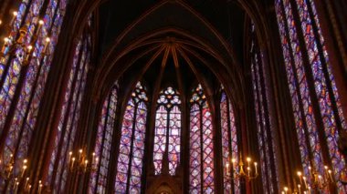 January 23, 2023 - Paris, France. Fine multicolored stained glass windows of the thirteenth century in the Sainte Chapelle
