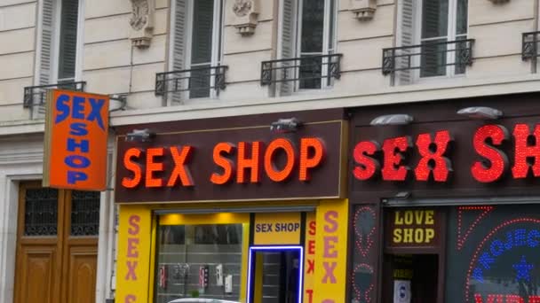 January 2023 Paris France Row Sex Shops Street Day — Wideo stockowe