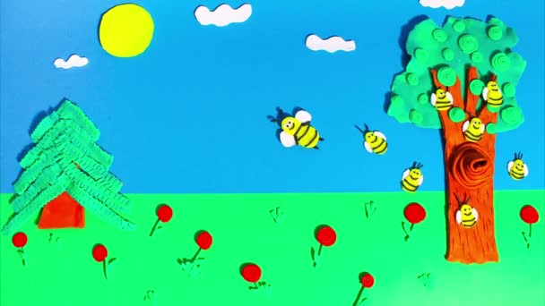 Stop Motion Animation Plasticine Bees Fly Beehive Tree Forest Claymotion — ストック動画