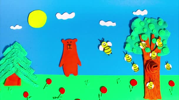 Stop Motion Animation Plasticine Bees Fly Beehive Tree Forest Bear — Stockvideo