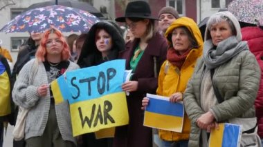 February 2023 - Kehl, Germany: Peace rally demonstration in support of Ukraine, people with yellow blue flags and placards protest against the war.