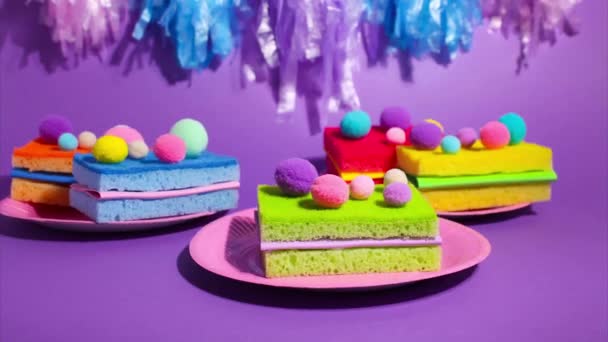 Stop Motion Animation Sponge Dishes Form Multi Colored Cakes Purple — ストック動画