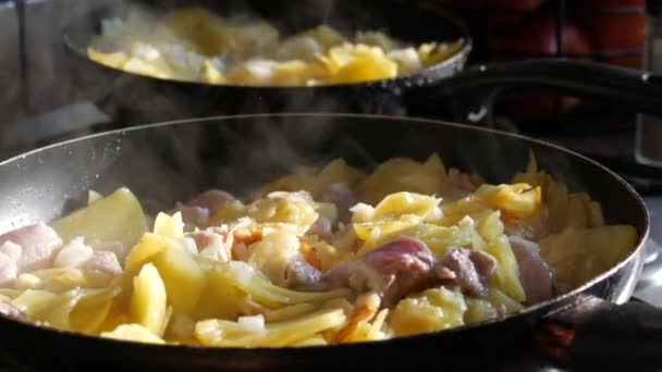 Τηγανητές Πατάτες Τηγάνι Μπαχαρικά Και Κομμάτια Κρέατος Σπιτική Κουζίνα Ατμός — Αρχείο Βίντεο