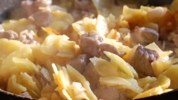 Τηγανητές Πατάτες Τηγάνι Μπαχαρικά Και Κομμάτια Κρέατος Σπιτική Κουζίνα Ατμός — Αρχείο Βίντεο