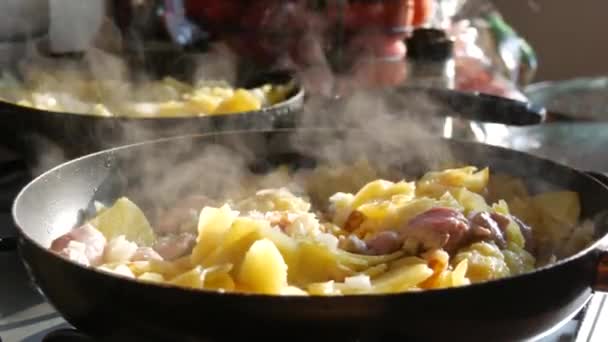 Fried Potatoes Pan Spices Pieces Meat Home Kitchen Steam Hot — Stock video