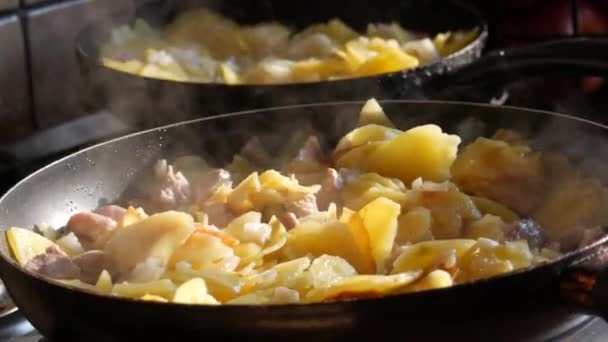 Gefrituurde Aardappelen Een Pan Met Specerijen Stukjes Vlees Een Huiskeuken — Stockvideo