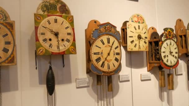 Kehl Alemanha Março 2023 Parede Com Relógios Antigos Antigos — Vídeo de Stock