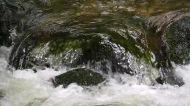 Yavaş çekimde güzel, temiz bir dağ nehri. Bir dağ deresinin gücü ve güzelliği.