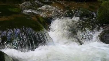 Yavaş çekimde güzel, temiz bir dağ nehri. Bir dağ deresinin gücü ve güzelliği.