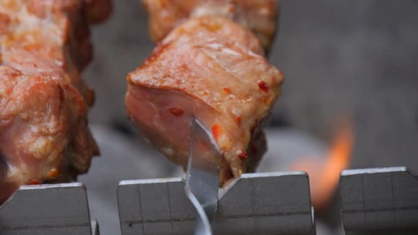 肉は串焼きにされ スローモーションを閉じます — ストック動画