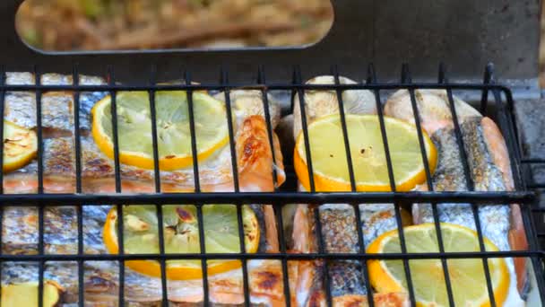 在户外烧烤的是带有柠檬的红鲑鱼鱼 — 图库视频影像