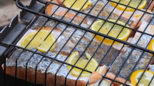 Red Salmon Fish Lemons Grill Being Grilled Outdoors — Stock Video