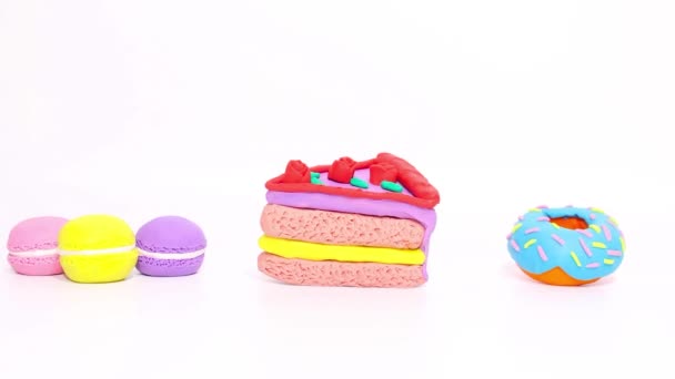 Пластилін Зупиняє Анімацію Руху Концепція Здорового Харчування Нездорової Їжі Торт — стокове відео