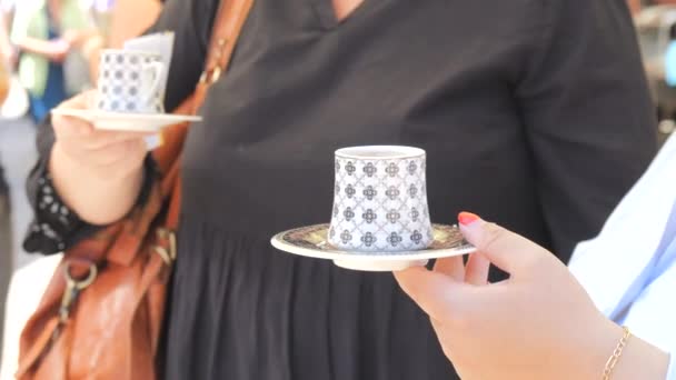 Turkish Coffee Small Cups Women Hold Hands Street Cafe Summer — Stock Video