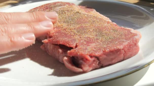 Een Stuk Verse Biefstuk Wordt Ingewreven Met Kruiden Zout Peper — Stockvideo