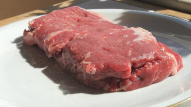 Morceau Steak Boeuf Frais Est Frotté Avec Des Épices Sel — Video
