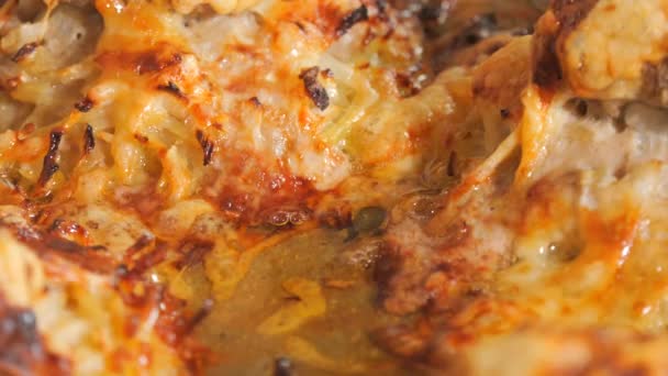 Fried Piece Mini Lasagna Fresh Oven Fat Still Warm Bubbling — Stock Video