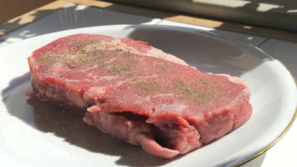 신선한 쇠고기 스테이크 향신료 후추와 접시에 마늘을 문질러 클로즈업 슬로우 — 비디오