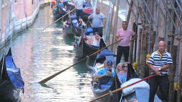 意大利威尼斯 2023年9月6日 许多贡多拉漂浮在狭窄的运河上 观光客乘坐威尼斯传统的黑船 — 图库视频影像