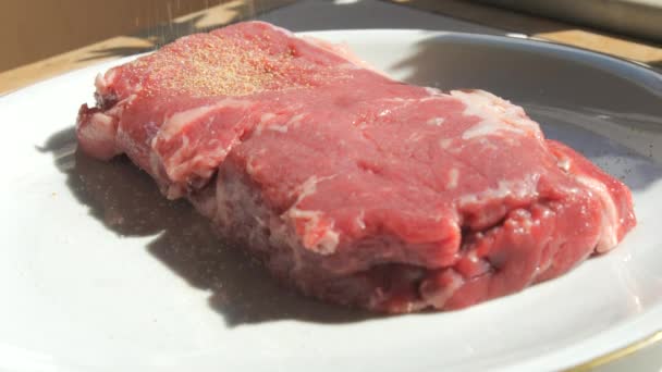 新鮮な牛肉ステーキの一部は スパイス コショウ 乾燥したニンニクでこすられています プレートの閉じるビューの遅い動き — ストック動画