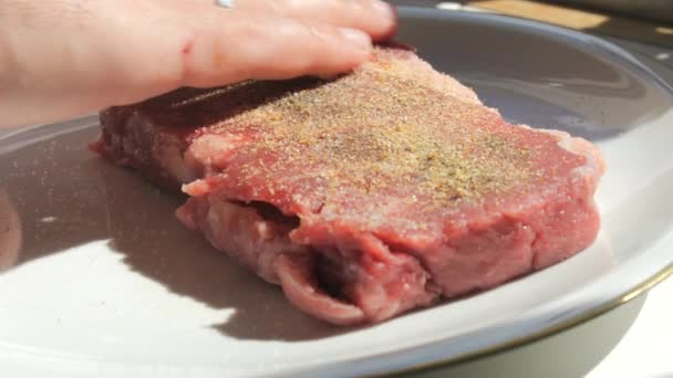 Ein Stück Frisches Rindersteak Wird Mit Gewürzen Salz Pfeffer Und — Stockvideo