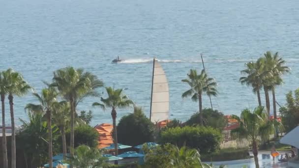 Relaksujący Widok Morze Palmami Transport Wodny Wczasowicze Widok Morze — Wideo stockowe