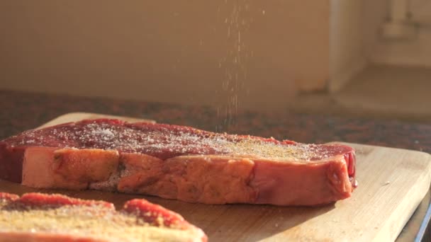 Fresh Big Red Piece Beef Being Prepared Steak Frying Seasonings — Stock Video