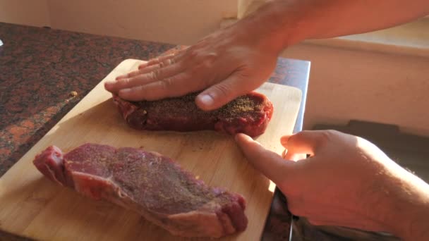 Fresh Big Red Piece Beef Being Prepared Steak Frying Seasonings — Stock Video