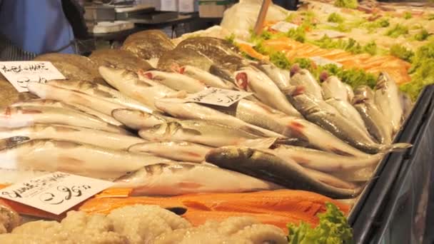 Rynek Rybny Owoców Morza Ryby Ladzie Blisko Widoku Napis Języku — Wideo stockowe