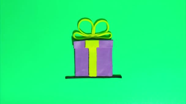 Stop Motion Plasticine Animation Gift Box Appears Disappears Green Background — Stock Video