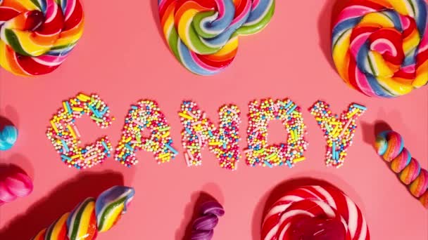Pare Animação Movimento Tipografia Palavra Doce Feita Colorido Lollipops Fundo — Vídeo de Stock