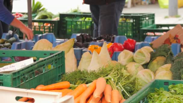 Caixas Verdes Praça Mercado Com Uma Colheita Legumes Frutas Compradores — Vídeo de Stock