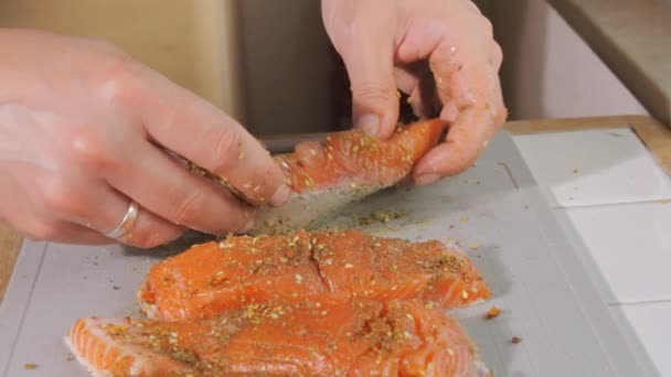 Piece Fresh Red Fish Sprinkled Spices Salt Slow Motion Close — Stock Video
