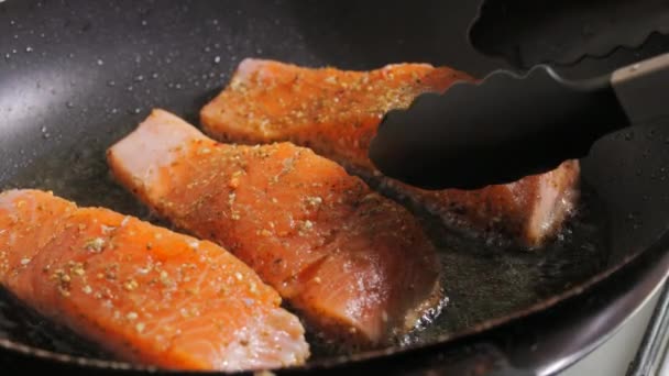 Filetto Pesce Rosso Fresco Con Spezie Carne Filetto Salmone Viene — Video Stock