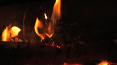 Ağaç gövdeleri ile yavaş çekim bir yangın video yakın çekim yangın ve alevler. Alevler ve yanan kıvılcımlar, yakın çekim, ateş desenleri.
