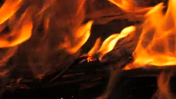 スローモーションで信じられないほど美しい火花の炎 夜の火事で木製のログに火を付ける アクティブライフスタイル ハイキング キャンプのコンセプト スローモーションで燃えるキャンプファイヤー — ストック動画