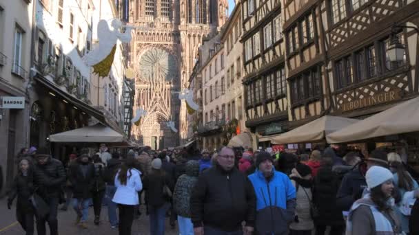 2023年12月3日 一群人带着纪念品和食物在圣诞市场走过帐篷 著名的斯特拉斯堡大教堂背景下的圣诞概念 — 图库视频影像