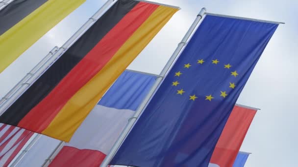 バーデン バーデン ドイツ 2023年12月17日 ドイツ イスラエル スイス イタリア ヨーロッパ連合などの多くの異なる旗が風の遅い動きで揺れている — ストック動画