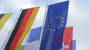 Baden-Baden, Almanya - 17 Aralık 2023: Birçok farklı ülke, Almanya, İsrail, İsviçre, İtalya, Avrupa Birliği ve diğerleri rüzgarda yavaş çekimde sallanıyor.