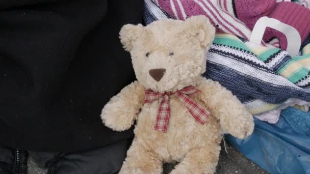 捨てられた柔らかいおもちゃの熊はゴミのヒープの通りにあります — ストック動画